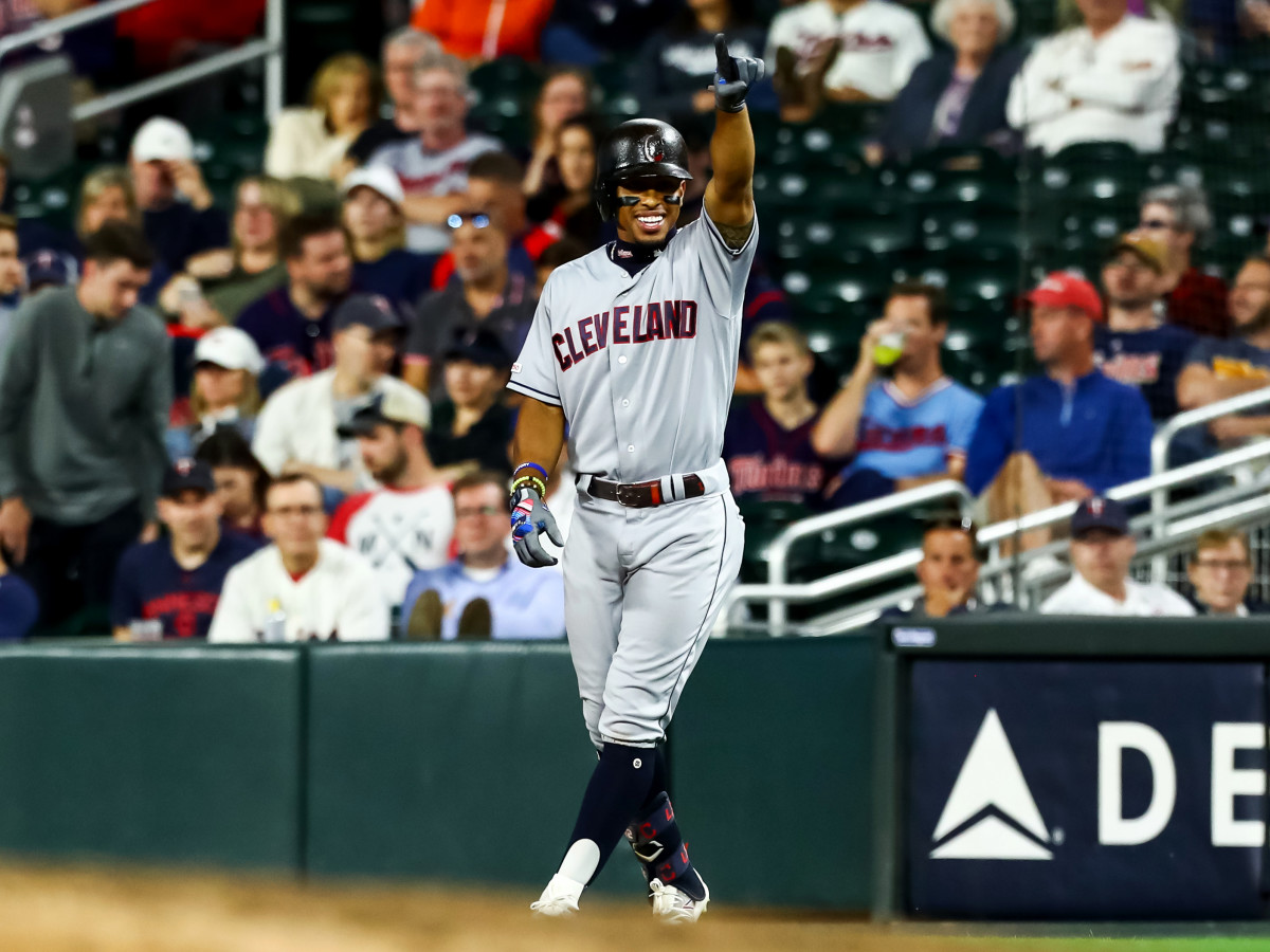 Sep 6, 2019; Minneapolis, MN, USA; Cleveland Indians shortstop Francisco Lindor (12) celebrates after hitting an RBI single against the Minnesota Twins in the eleventh inning at Target Field.